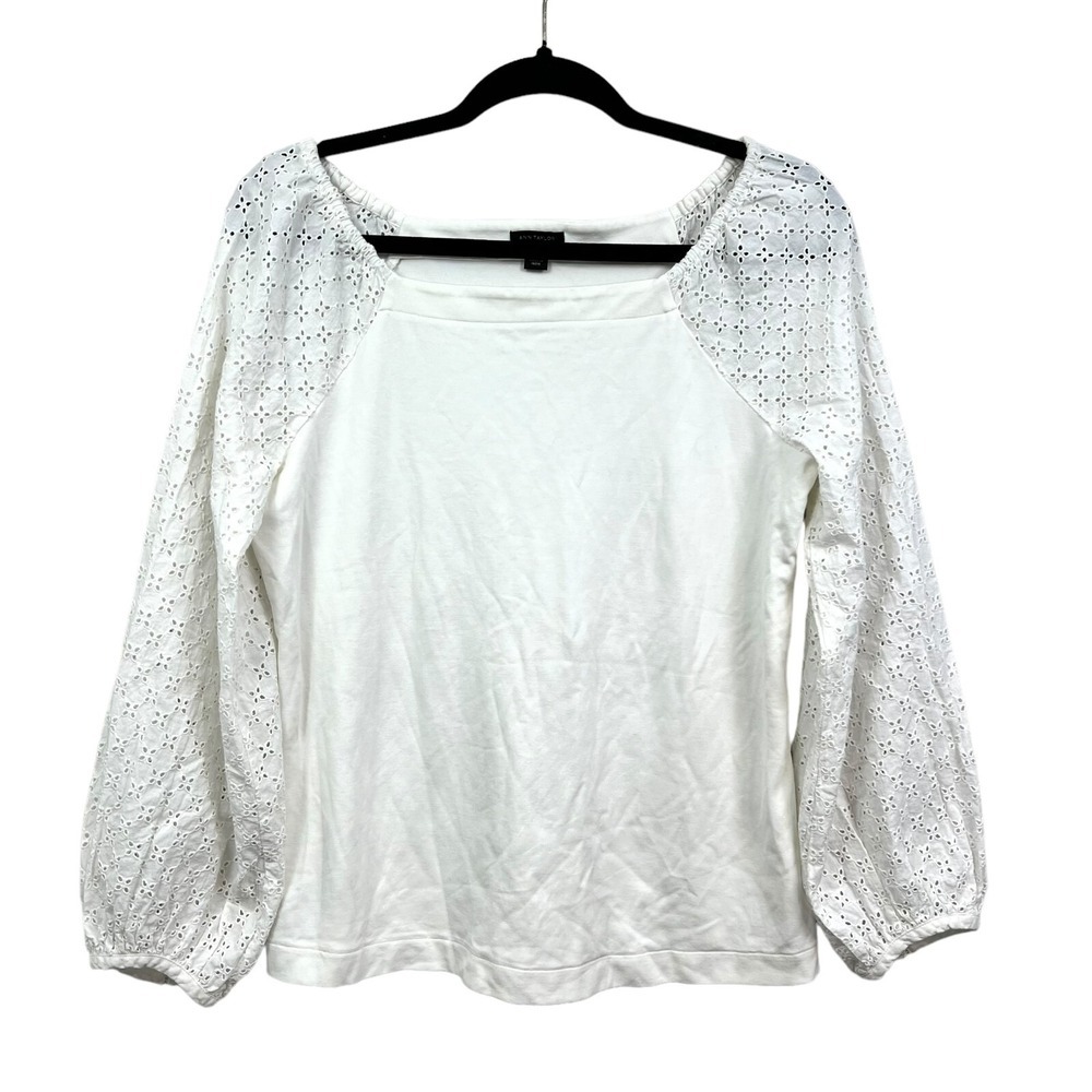 Ann Taylor Womens Blouse Top Stretch Eyelet Balloon Long Sleeves White Size M*